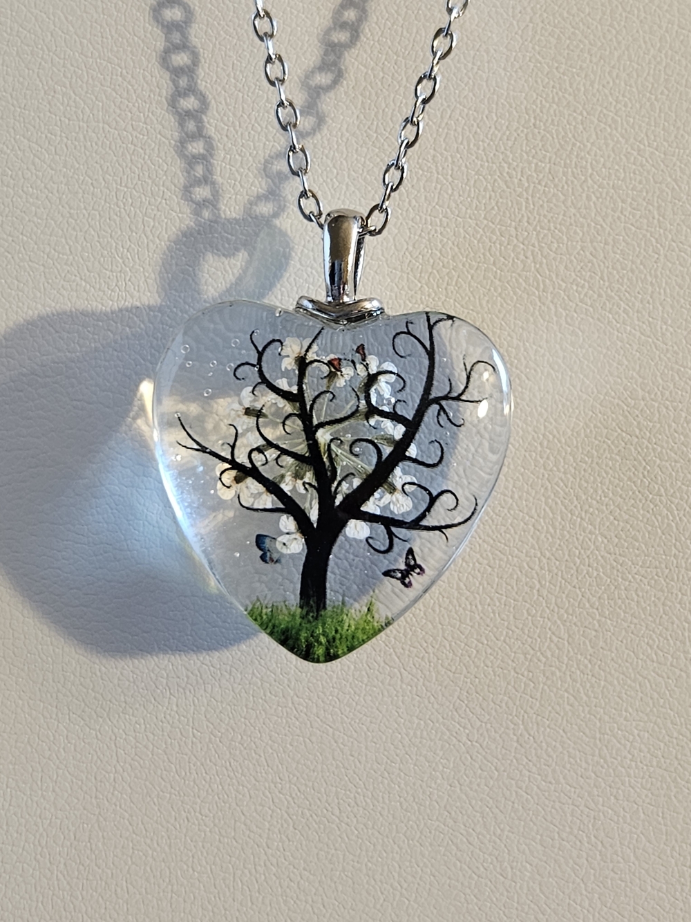 Heart Glass Pendant Necklace with Tree and Butterfly Design - Clear